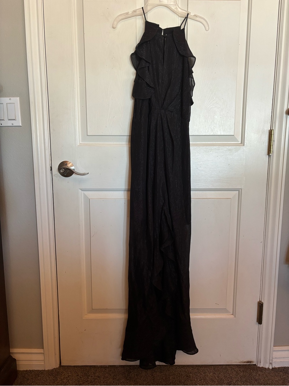Black Shiny Ruffled Halter Maxi Dress